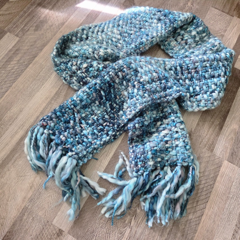 Aphorism Chunky Knit Scarf Blue White Variegated Fringe Winter Boho Cozy Winter